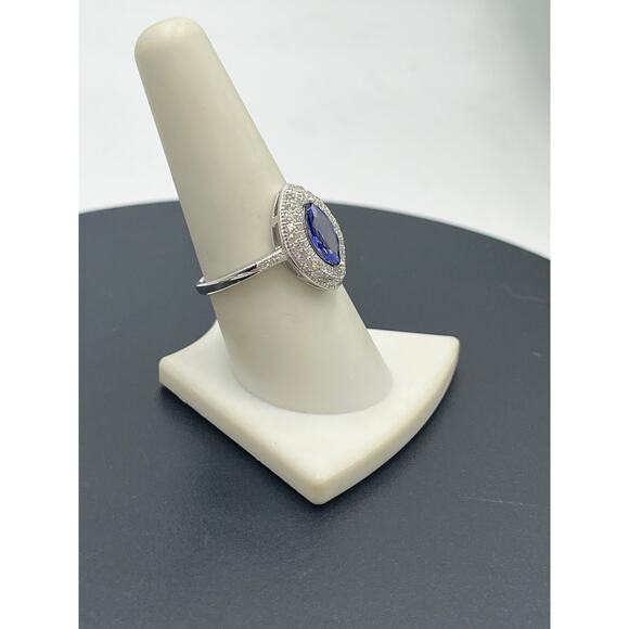 Sterling Silver Marquise Iolite CZ Double Halo Ring Size 8.75 Vintage Style - Picture 5 of 10